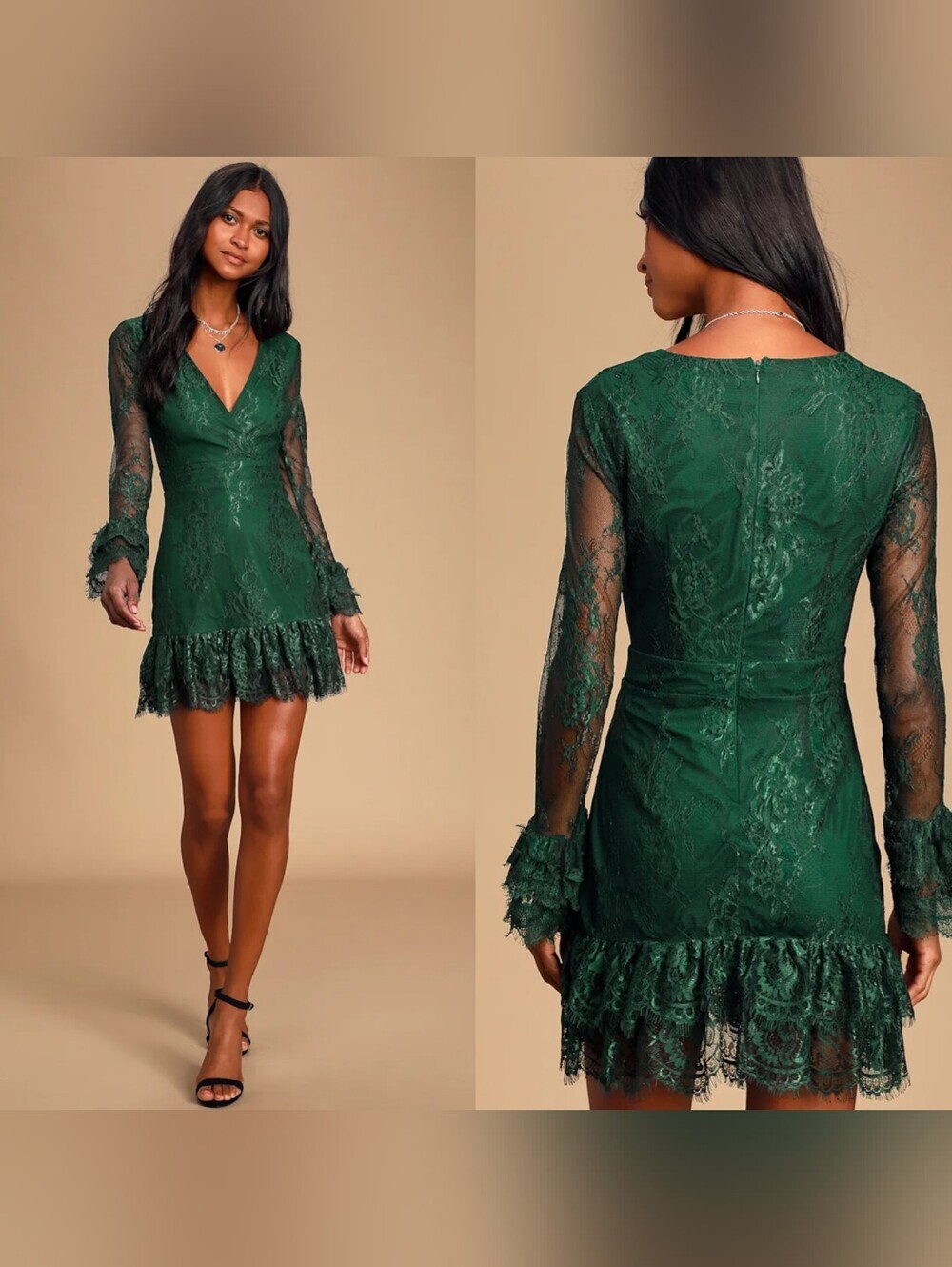 Lulus All Yours Emerald Green Lace Long Sleeve Ruffled Mini Dress S Wedding